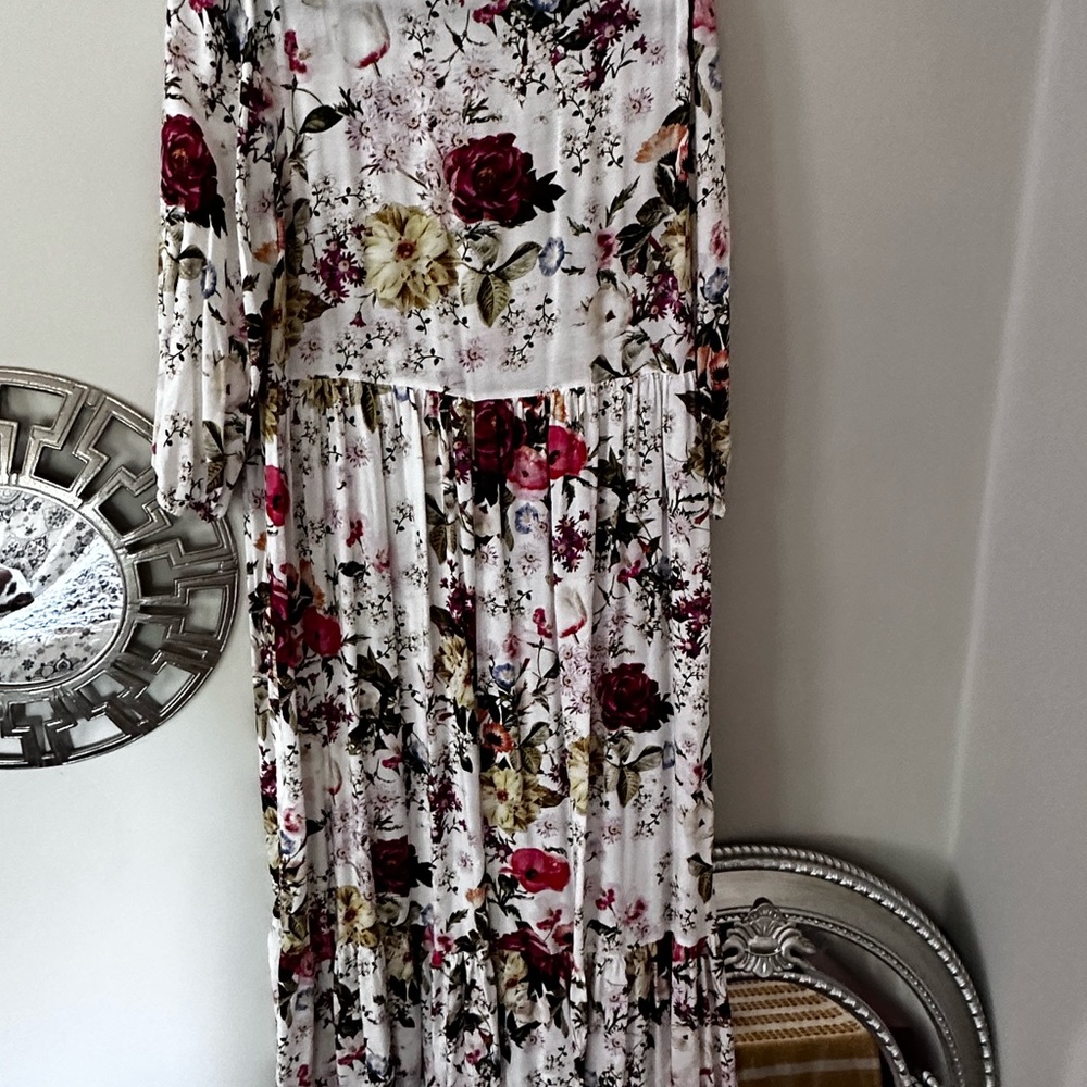 Zara White Floral Midi Dress with Red & Yellow Blooms